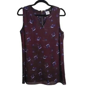 CABI Icy Floral Bouquet Blouse Maroon Sleeveless Layered Tank Size Small